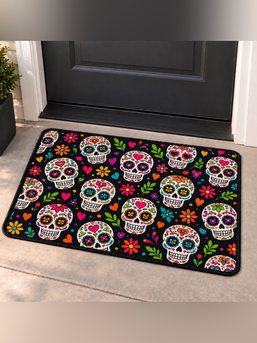 Sugar Skull Floral Black Doormat (Indoor/Outdoor) Day of the Dead Welcome Mat